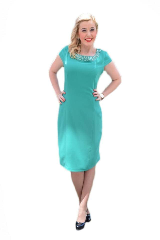 Rochie casual, decorata cu perle si strasuri,D&J Exclusive, Turcoaz