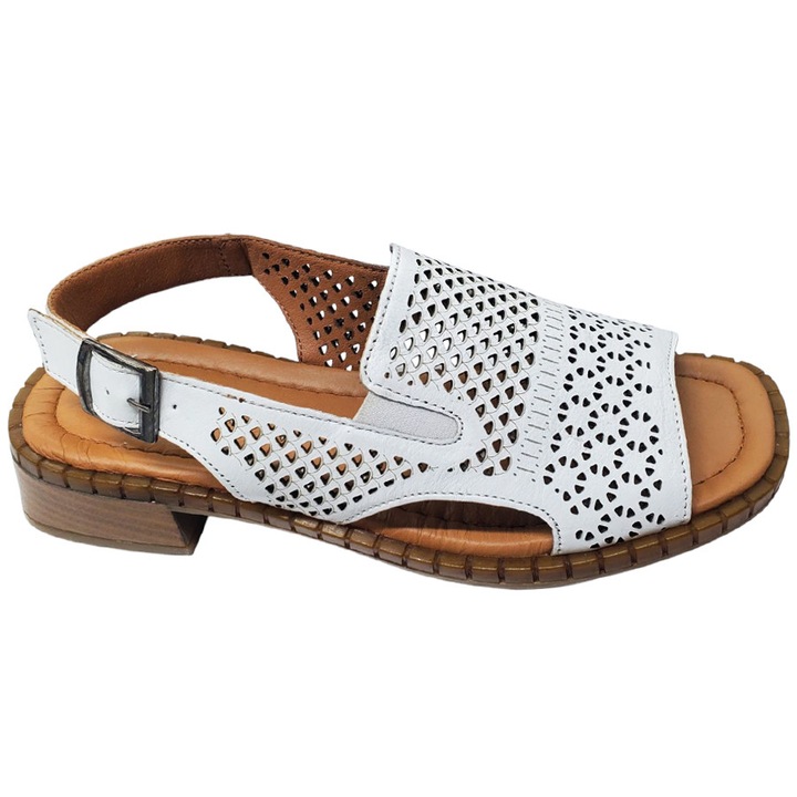 Sandale Dama Negre Late Din Piele Naturala Perforata Cu Toc Mic, Alb