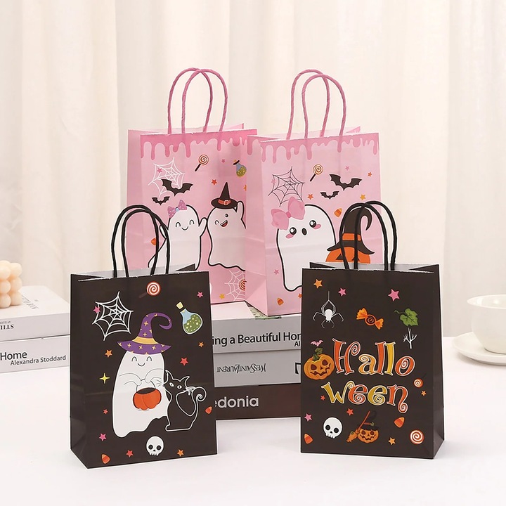 YANYXR Halloween ajándéktasak készlet, 12 db, papír, 4 minta, narancssárga fekete, 15x8x21cm