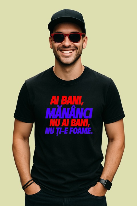 Tricou barbat ai bani mananca nu ai bani nu ti e foame gluma haioasa, Negru