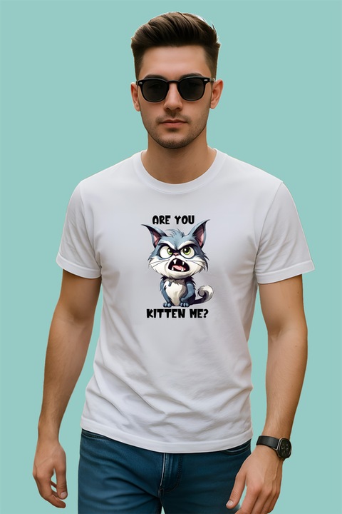 Tricou barbat are you kitten me mesaj haios pisica funny, Alb