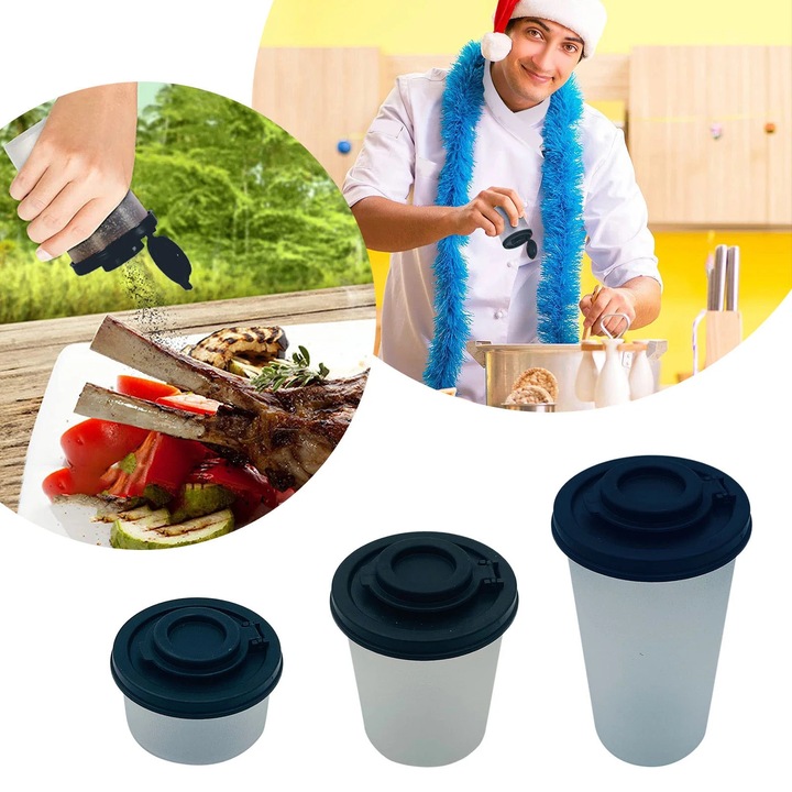 Set de 3 recipiente pentru condimente ZYBLSSBB, din plastic PP transparente cu capace etanse flip, transparent/negru, 3 buc.
