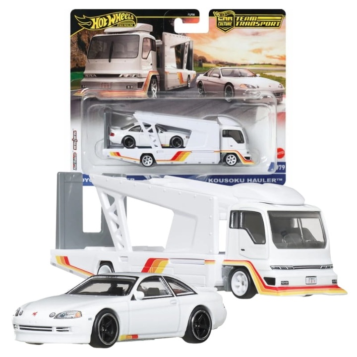 Set Transport Echipa Premium Hot Wheels - Toyota Soarer & Kousoku Hauler, Scara 164, Caroserie Metalica, Roti Realiste, Varsta Recomandata 3+, 10 x 10.5 cm, Multicolor