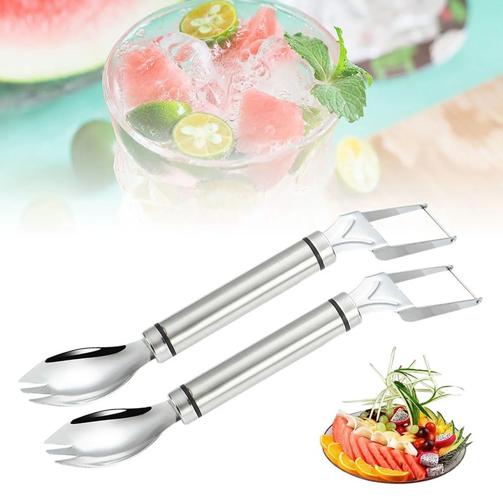 Feliator fructe 2 in 1 inox, furculita si taietor, 24x4x3cm, set 2 bucati