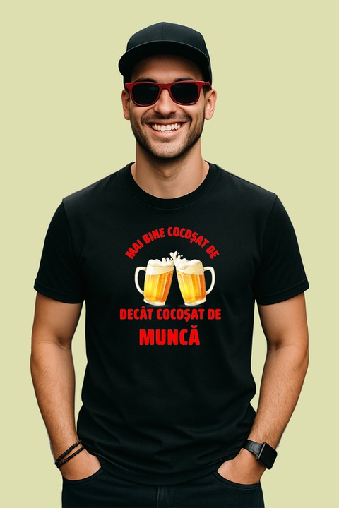 Tricou barbat bine cocosat de munca mesaj cu doua halbe de bere (2), Negru