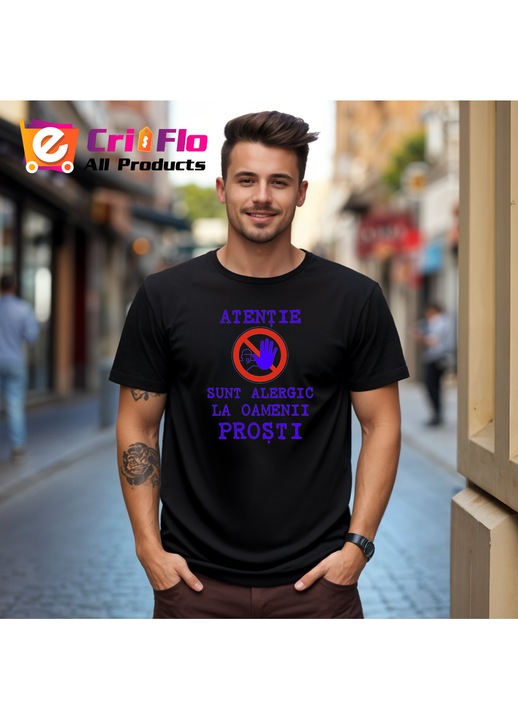 Tricou atentie sunt alergic la oamenii prosti avertisment ironic, Barbat, 100% bumbac, Cri-Flo, Culoare Negru, Marime 3XL