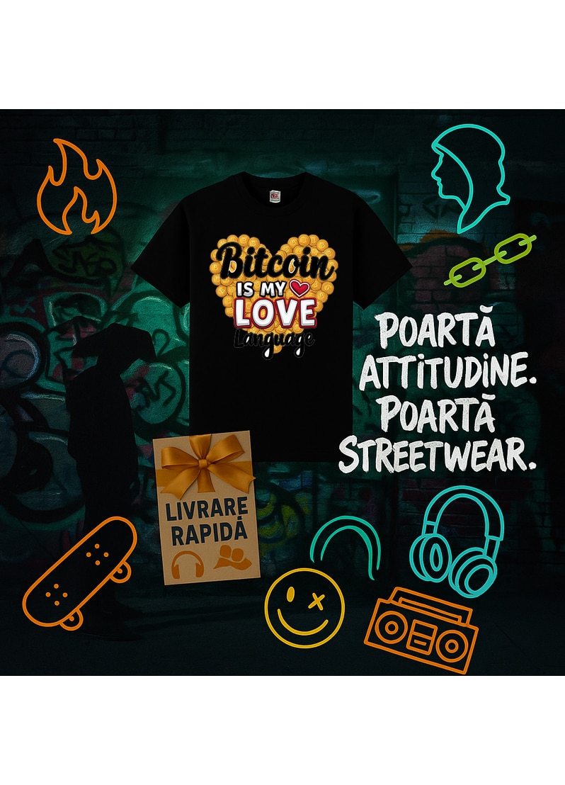 Tricou bitcoin is my love language, bitcoin este limbajul meu al iubirii,  Barbat, 100% bumbac, Cri-Flo, Culoare Negru, Marime S - eMAG.ro