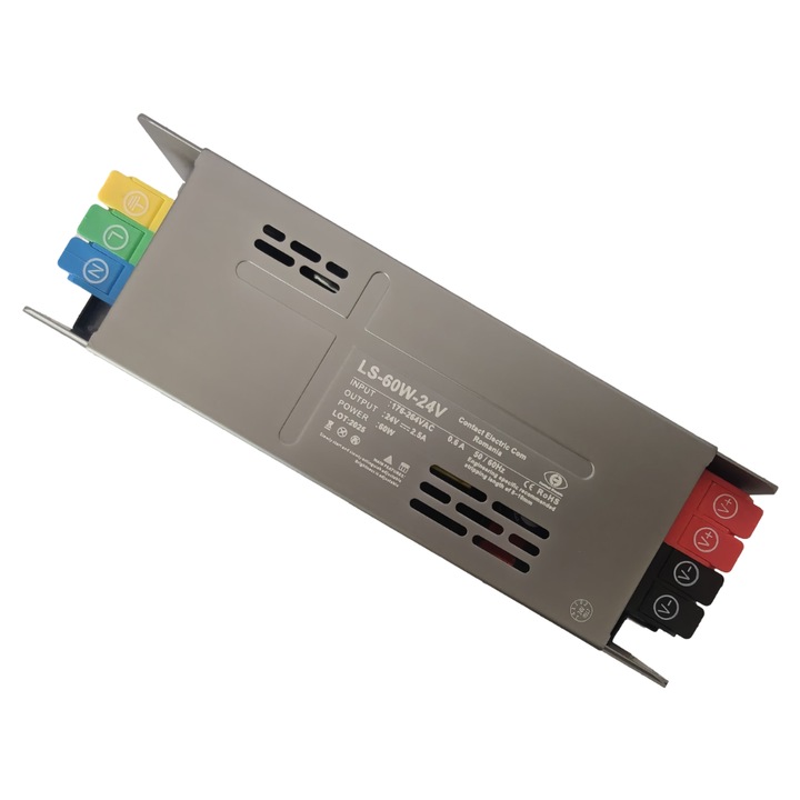 Sursa de alimentare slim pentru sisteme LED LS-60W24V, 60W, 24V DC, 2.5A, carcasa aluminiu, control inteligent, slow/soft start, IP20