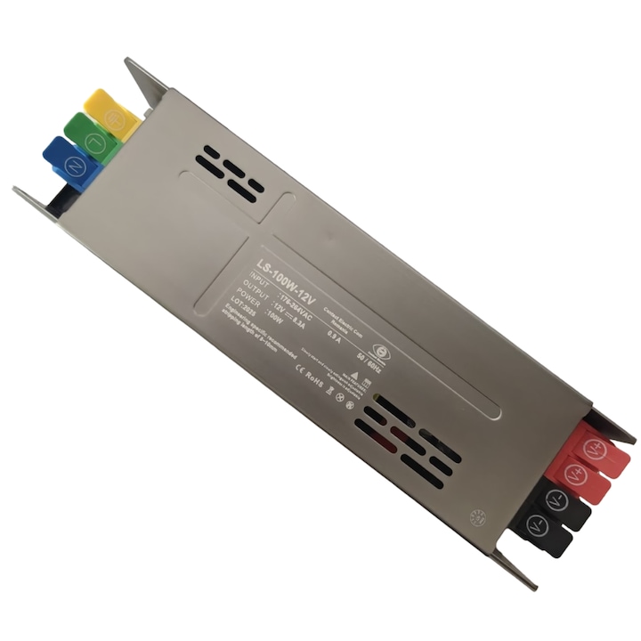 Sursa de alimentare slim pentru sisteme LED LS-100W12V, 100W, 12V DC, 8.3A, carcasa aluminiu, control inteligent, slow/soft start, IP20