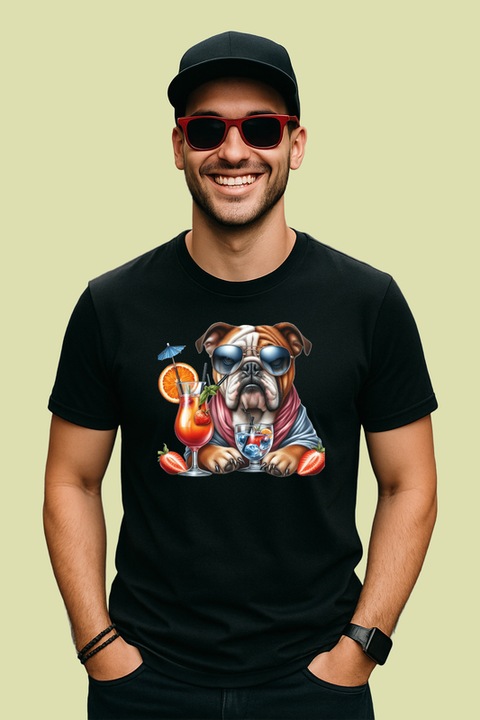 Tricou caine bulldog englez cocktail portocala pahar vara, Barbat, 100% bumbac, Cri-Flo, Culoare Negru, Marime L