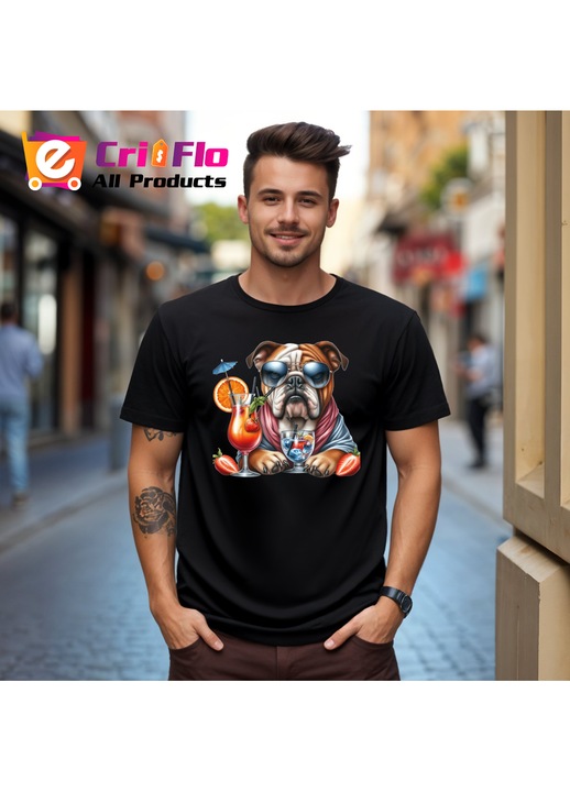 Tricou caine bulldog englez cocktail portocala pahar vara, Barbat, 100% bumbac, Cri-Flo, Culoare Negru, Marime L