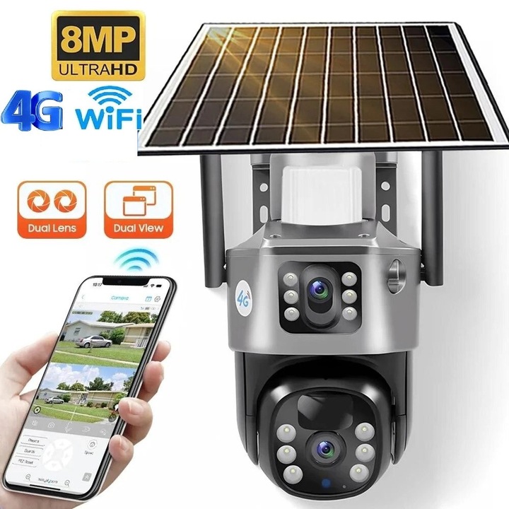 Камера за видеонаблюдение rut&cari, 4G, WiFi, Соларна, 4K Ultra HD, Със слот за SIM карта, Сензор за движение, Двойни обективи, За външна употреба