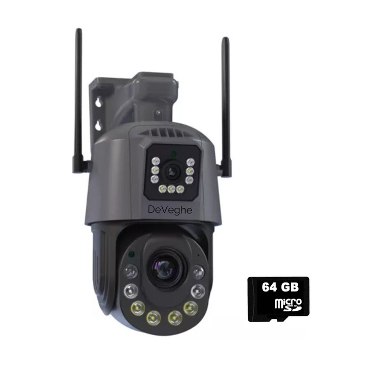 Камера за наблюдение DeVeghe D2 Pro 8MP WiFi двойна, Ultra HD, 36x оптично увеличение, сензор за движение, разпознаване на човек, известия, микрофон, високоговорител, ICSEE приложение, черна + 64GB карта памет