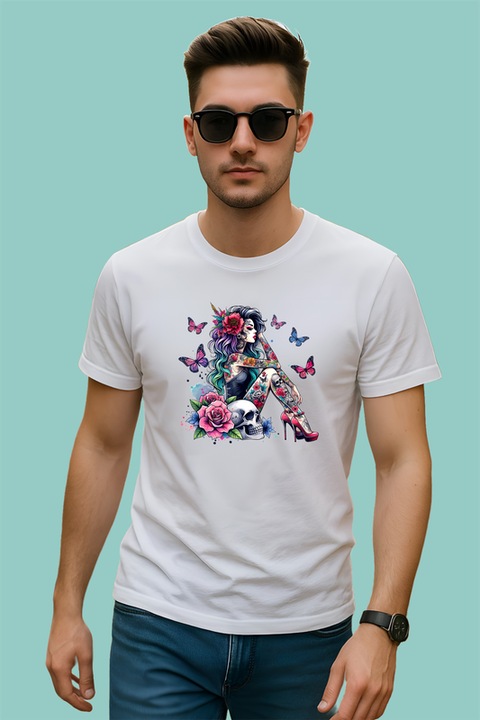 Tricou barbat goth girl skulls roses butterflies, fata goth cu cranii trandafiri si fluturi, Alb