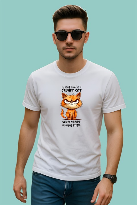 Tricou barbat grumpy cat spirit animal mesaj pentru oameni iritati, Alb