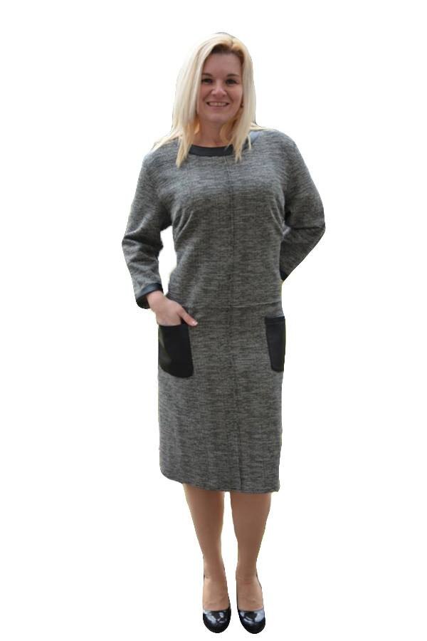 Rochie de zi,cu insertii de piele,D&J Exclusive, Gri inchis