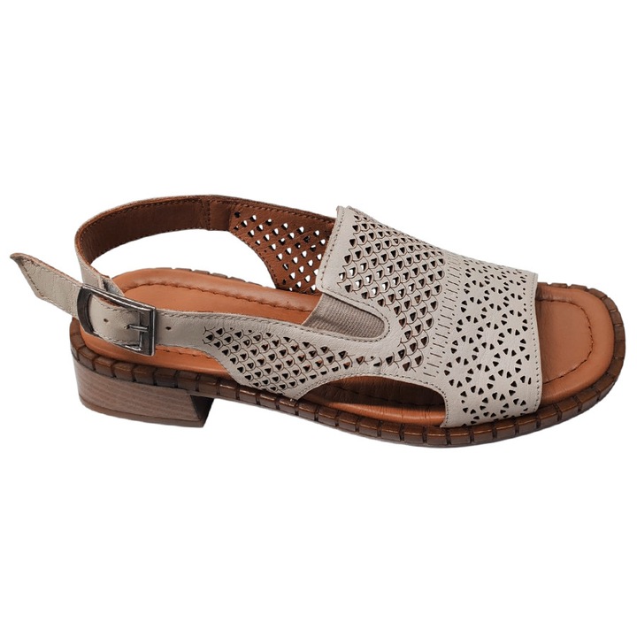 Sandale Dama Negre Late Din Piele Naturala Perforata Cu Toc Mic, Bej