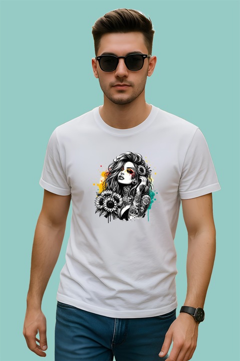 Tricou barbat monochrome floral tattoo portrait, portret tatuat alb negru cu flori, Alb