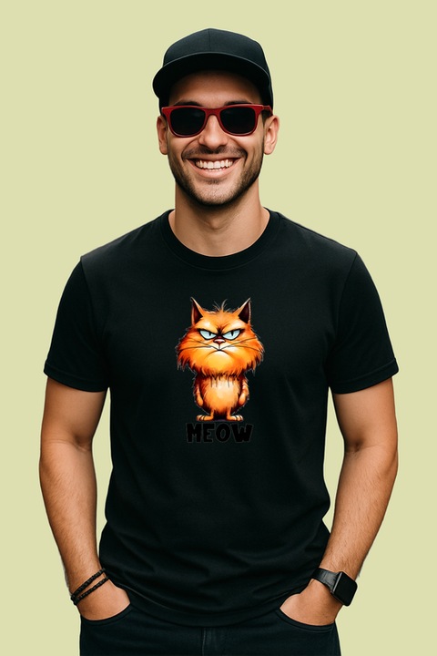 Tricou barbat pisica portocalie meow poster simpatic pentru iubitori de pisici, Negru