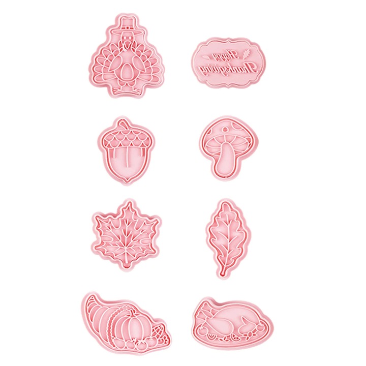 Set 8 forme prajituri, litere si simboluri Ziua Recunostintei, plastic, roz, 3D