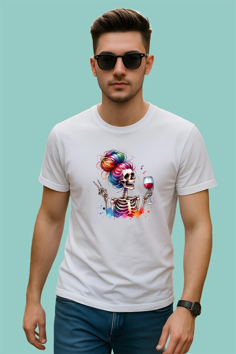 Tricou barbat rainbow skeleton drinking wine, schelet curcubeu band vin, Alb