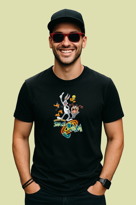 Tricou barbat Space Jam Bugs Bunny si echipa sa in meci de baschet spatial, Negru