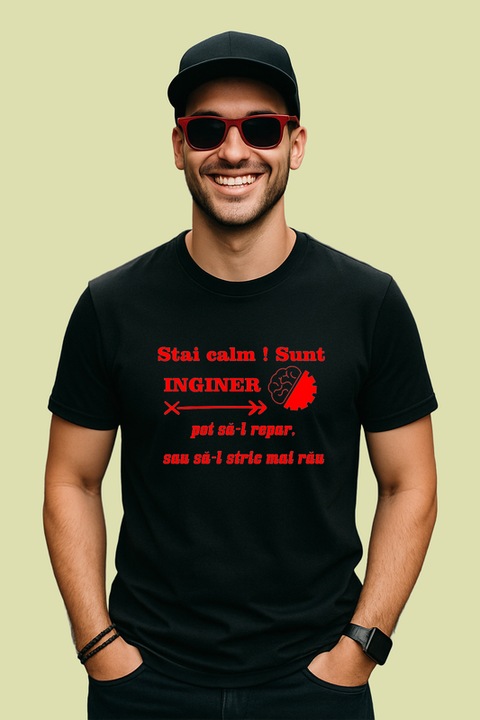 Tricou barbat stai calm sunt inginer pot sa l repar sau sa l stric mai rau mesaj ironic, Negru