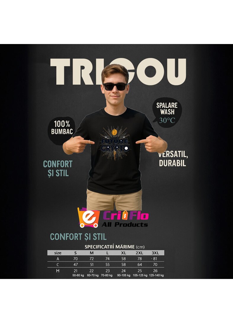 Tricou the future is crypto, viitorul este crypto, Barbat, 100% bumbac,  Cri-Flo, Culoare Negru, Marime S - eMAG.ro