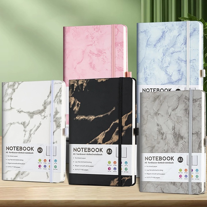 Jurnal liniat YANYXR BCS3155681, hardcover A5, 192 pagini, hartie 100 GSM, college ruled, coperta PU marmorata, elastic si semn de carte, multicolor, 14.8 x 21 cm