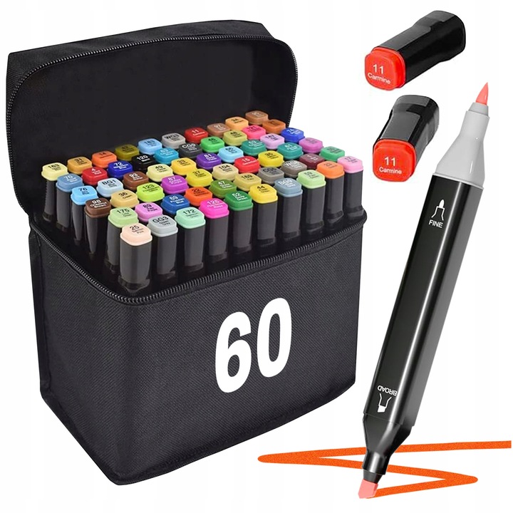 Комплект 60 двустранни маркери с алкохол с торбичка, неперманентни, кръгли, многоцветни