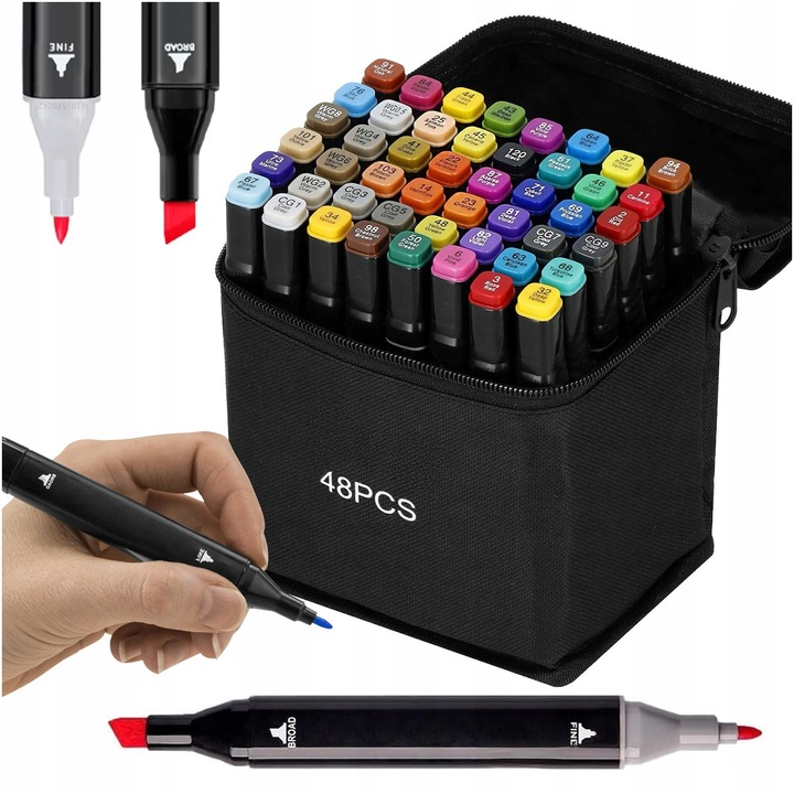 Комплект от 48 двустранни маркера за алкохол + торбичка, неперманентни, кръгли, многоцветни