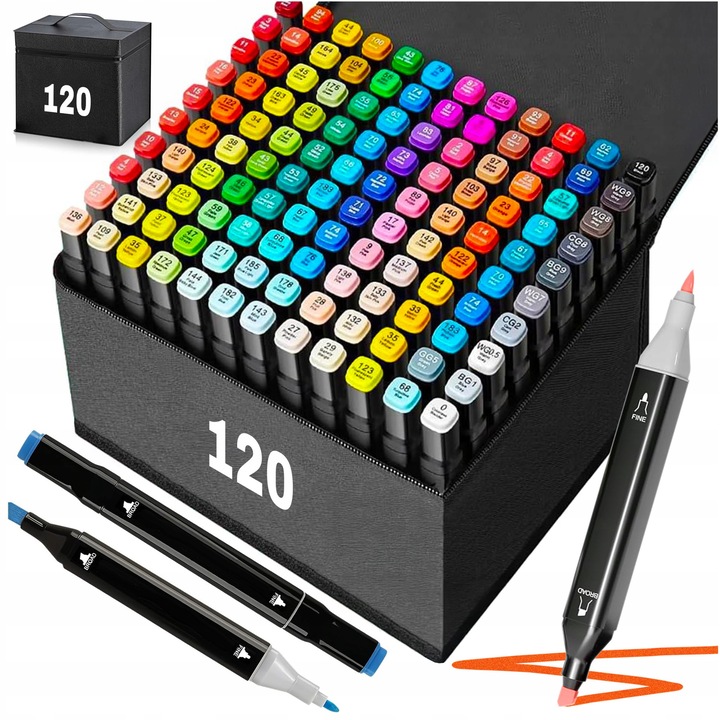 Комплект от 120 двустранни маркера за алкохол + торбичка, неперманентни, кръгли, многоцветни