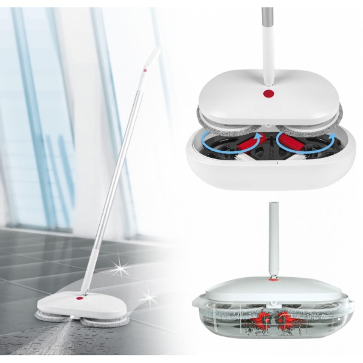 Elektromos forgófelmosó, akkus, vízsugárral és mikroszálas kendővel, vízpermet funkcióval, öntisztító és önszárító funkcióval, 120 fordulat/perc, újratölthető akkumulátor, 2500 mAh, 45 perc üzemidő, 200 ml tartálykapacitás, tisztítóvödör tartozék