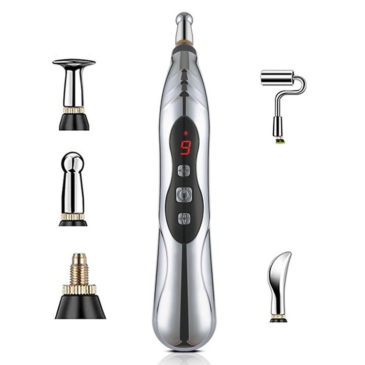 Акупунктурна писалка, 5 масажни глави, 18,3x2,5 см, пълен комплект