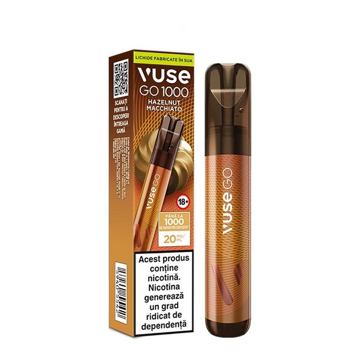 Tigara electronica de unica folosinta, Vuse GO 1000 PEN - Hazelnut Macchiato, 2ml, 20mg/ml nicotina, autonomie pana la 1000 pufuri
