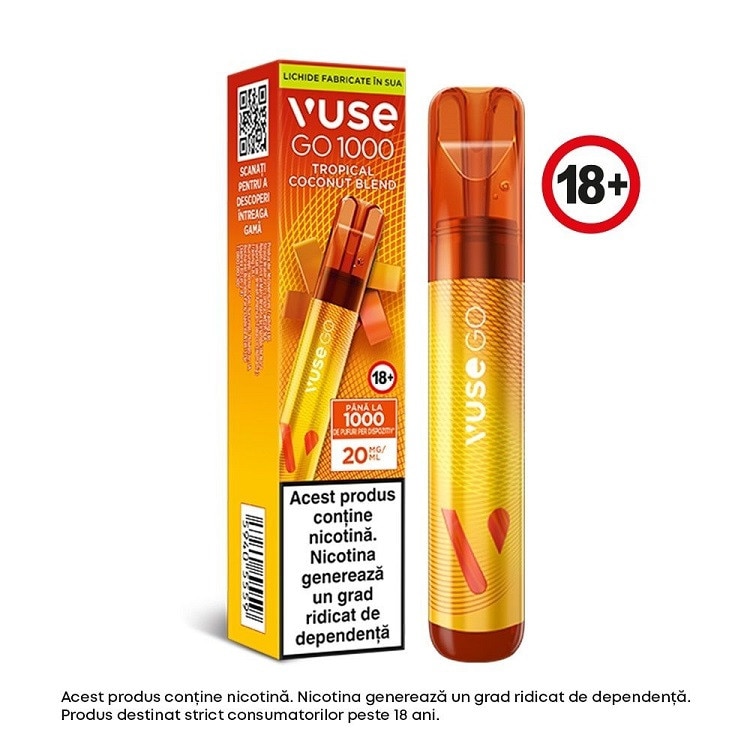 Tigara electronica de unica folosinta, Vuse GO 1000 PEN - Tropical Coconut  Blend, 2ml, 20mg/ml nicotina, autonomie pana la 1000 pufuri - eMAG.ro