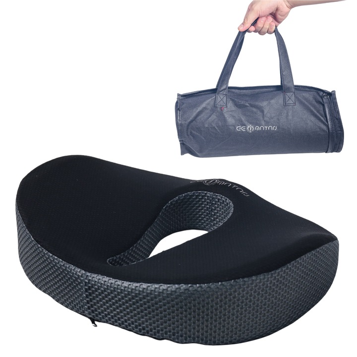 Perna ortopedica sezut GEOMATAN® si Sac de Transport, Spuma cu memorie Premium, pentru scaun de birou sau masina, confort Coccis, Antiescara, Husa respirabila, zona Lombara, Sciatica, Dureri de sold, Hemoroizi, pana la 120 kg, 46x38x8/11cm, Negru