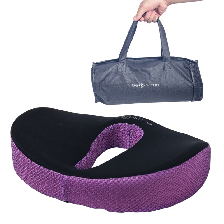 Ortopéd ülőpárna GEOMATAN® és Hordtáska, Prémium memóriahab, Irodai székhez vagy autóba, Farokcsont kényelem, Légáteresztő és csúszásmentes huzat, Deréktáji terület, Isiász, Csípőfájdalom, Aranyér, 120 kg-ig, 46x38x8/11cm, LILA