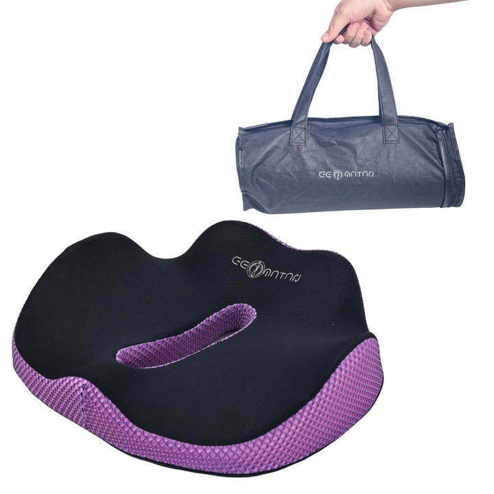 Ortopéd ülőpárna, GEOMATAN® és Hordtáska, Prémium memóriahab, irodai székhez / autóba, Farokcsont kényelem, Légáteresztő és csúszásgátló huzat, Deréktáji, Isiász, Csípőfájdalom, Aranyér, 100 kg-ig, 42x36x7/11cm, Lila