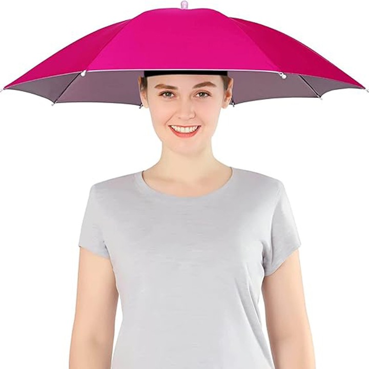 Чадър за глава - UmbrellaGo Hands-Free, Пълна свобода, Ластична лента, Подходящ за дейности на открито, Водоустойчив, UV защита, Комфорт независимо от метеорологичните условия, Универсален, Фиксирано прилягане, Фуксия