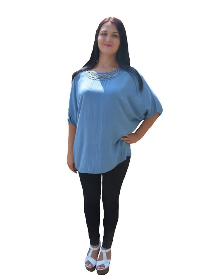 Bluza vaporoasa de vara cu design de paiete lucioase,masura mare,D&J Exclusive, Albastru