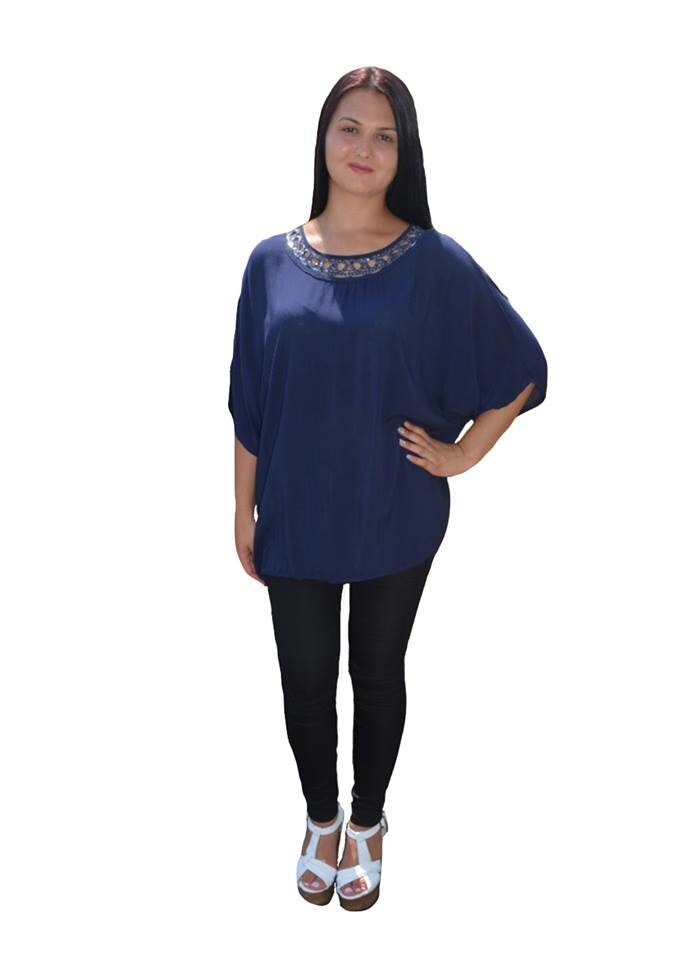 Bluza vaporoasa de vara cu design de paiete lucioase,masura mare,D&J Exclusive, Bleumarin