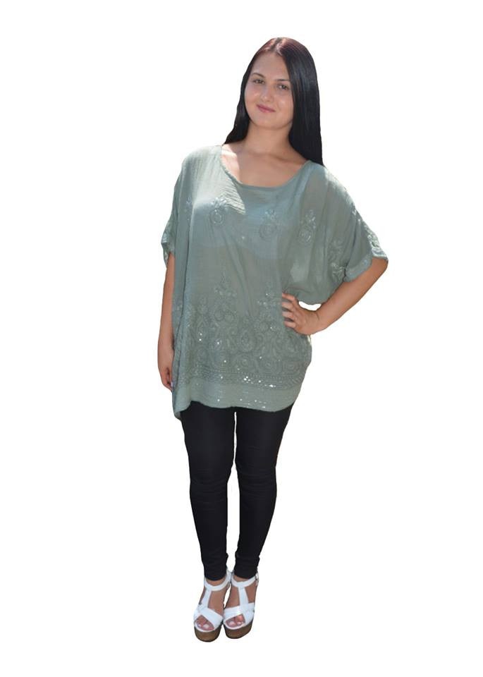 Bluza cu broderie si paiete aplicate in fata,masura mare,D&J Exclusive, Verde