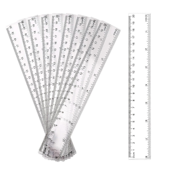 Set 10 rigle transparente din plastic 20cm, 8 inch, pentru scoala, birou, utilizare generala