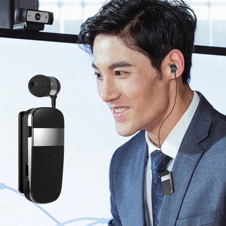 Bluetooth fülhallgató, fekete, 17x9.5x3.5cm, zajcsökkentővel és állítható csipesszel