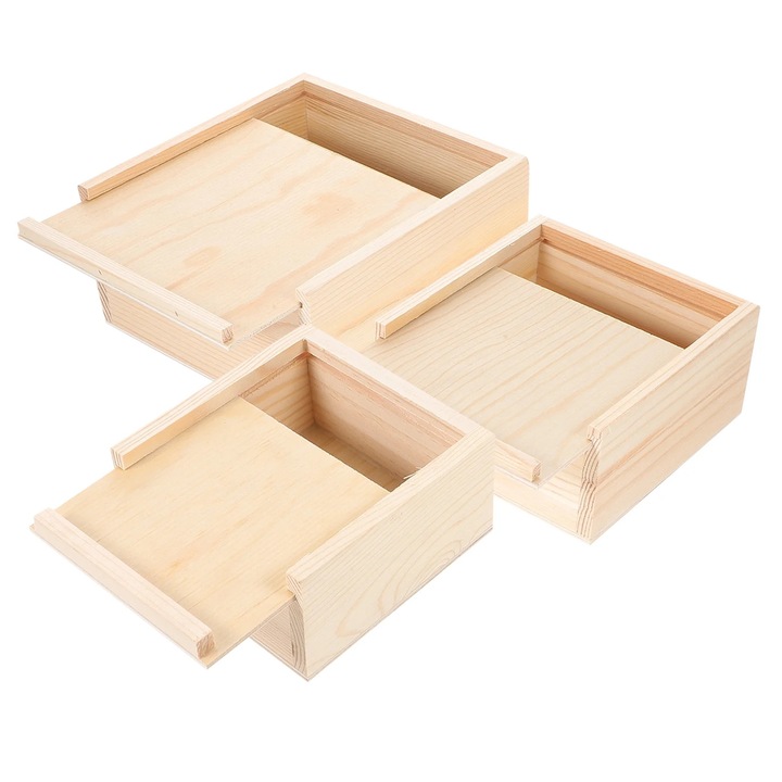 Set 3 cutii depozitare lemn YANYXR capac glisant multicolor 15x15x8cm 12x12x6cm 10x10x5cm