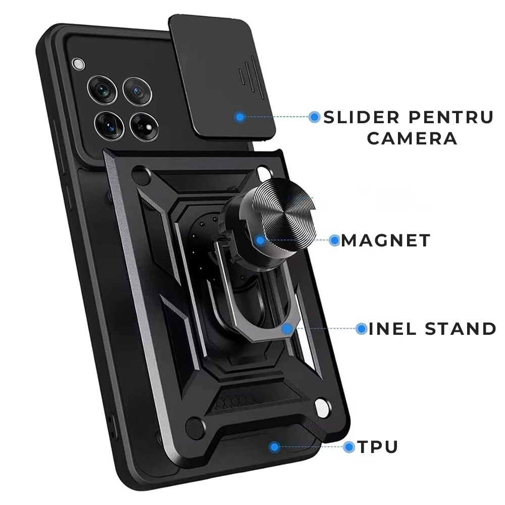Husa pentru Motorola Edge 60 Pro Camshield, Kickstand, Slider Camera, Antisoc, Protectie Superioara, Negru Inchis
