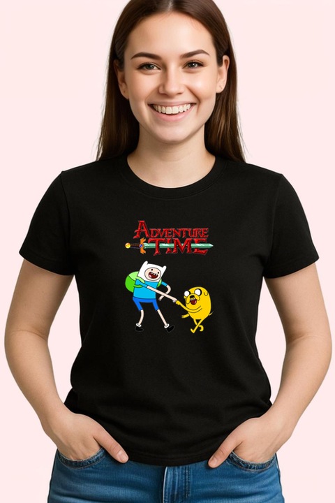 Tricou Dama Adventure Time aventuri fantastice cu Finn si Jake in taramul Ooo, Negru