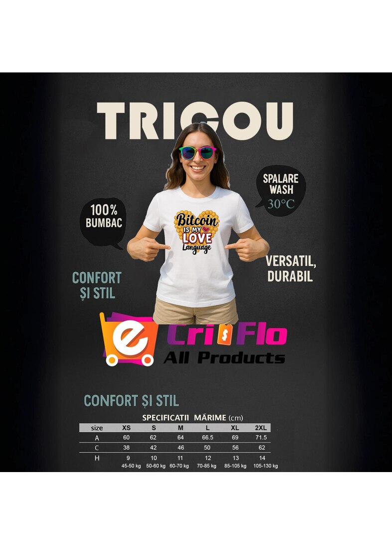 Tricou bitcoin is my love language, bitcoin este limbajul meu al iubirii,  Dama, 100% bumbac, Cri-Flo, Culoare Alb, Marime M - eMAG.ro