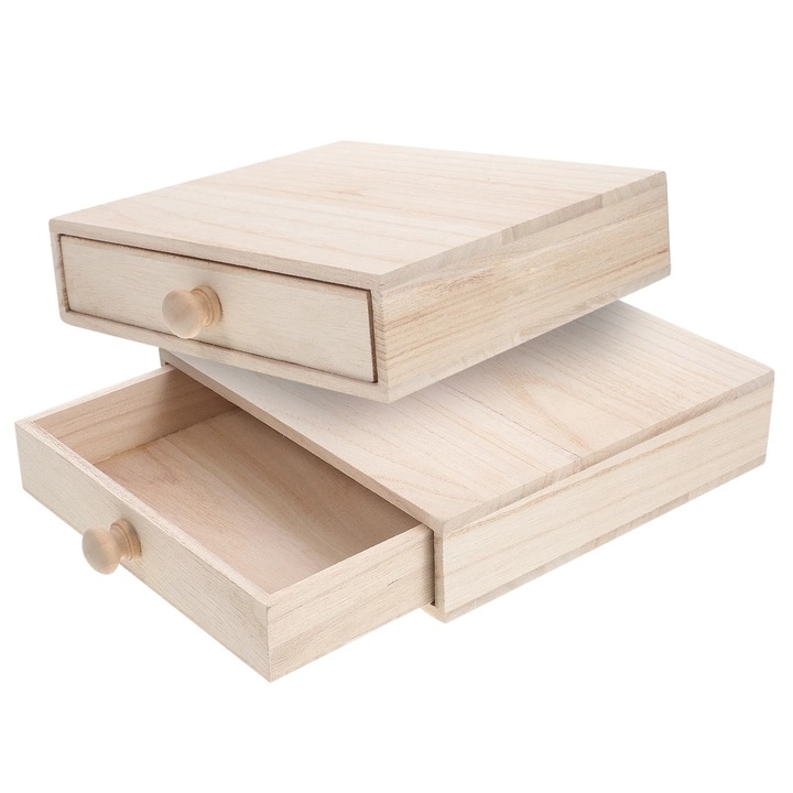 Cutie pentru ceai YANYXR BCS3114010, lemn nefinisat cu sertar, natural, 22 x 22.5 x 5.5 cm